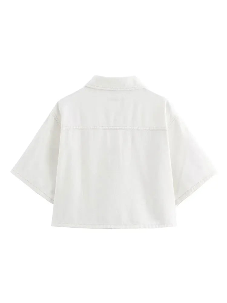 Two-Piece White Denim Set with Mini Skirt Pants and Buttoned Polo Collar Blazer - Genesis