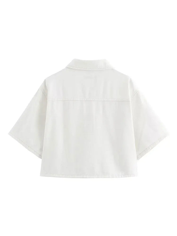 Two-Piece White Denim Set with Mini Skirt Pants and Buttoned Polo Collar Blazer - Genesis