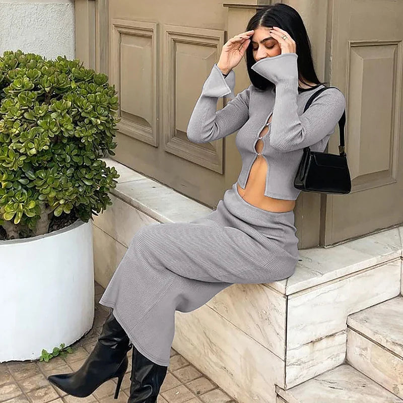 Knitted two-piece set: button-up shirt and fitted maxi skirt - MARIEL