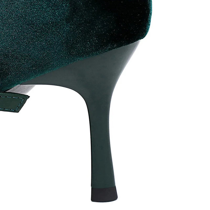 Pointed Heel Shoes with Velvet and Faux Leather Buckle Decoration - Mabel