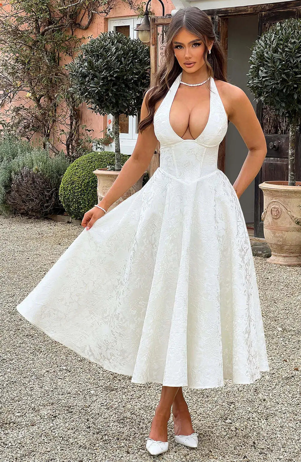 Midi A-Line Dress with Neck Tie, Open Back, Floral Embroidery Detail - Flora