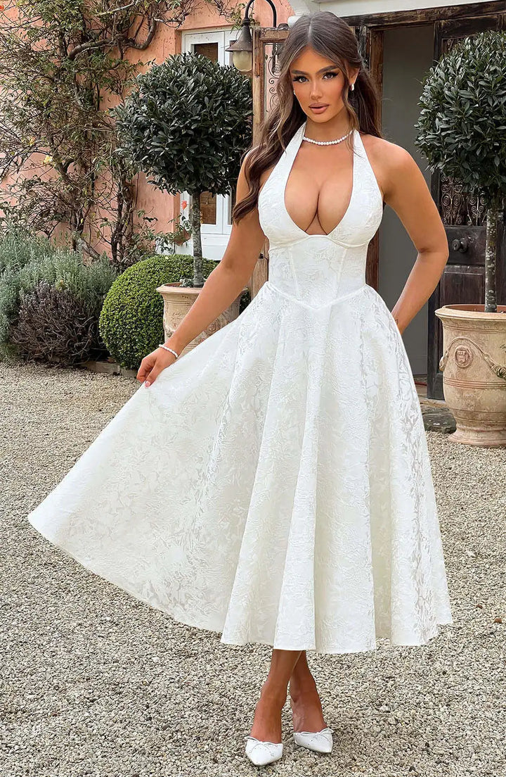 Midi A-Line Dress with Neck Tie, Open Back, Floral Embroidery Detail - Flora