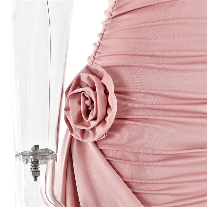 Ruched mini dress with neck tie and floral appliqué - Jasmina