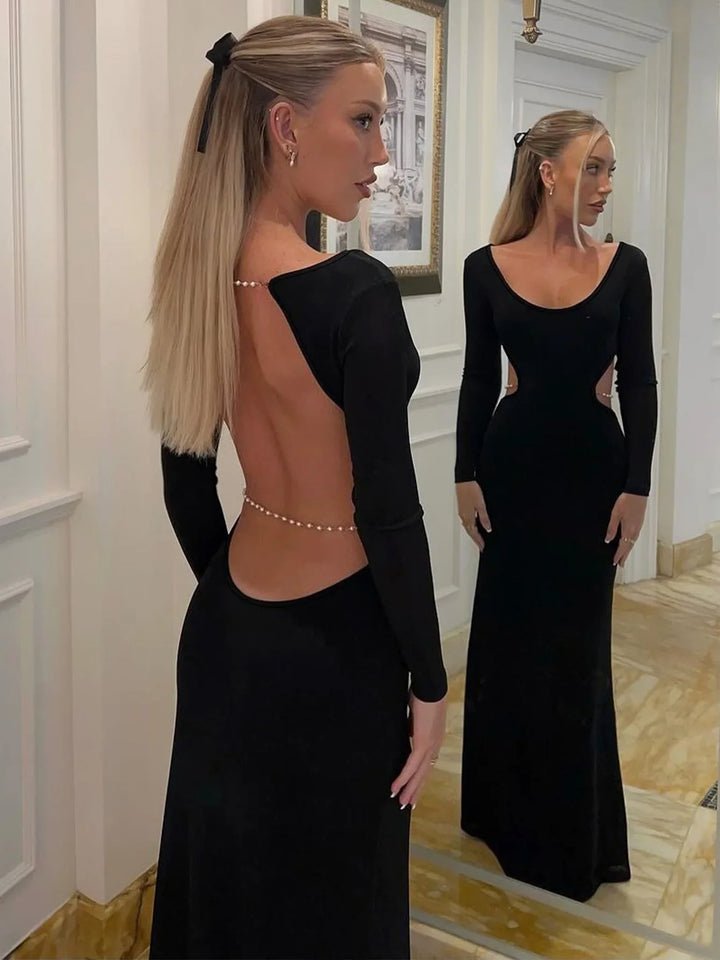 Maxi Dress with Open Back and Waist, Chain Decoration - Denis