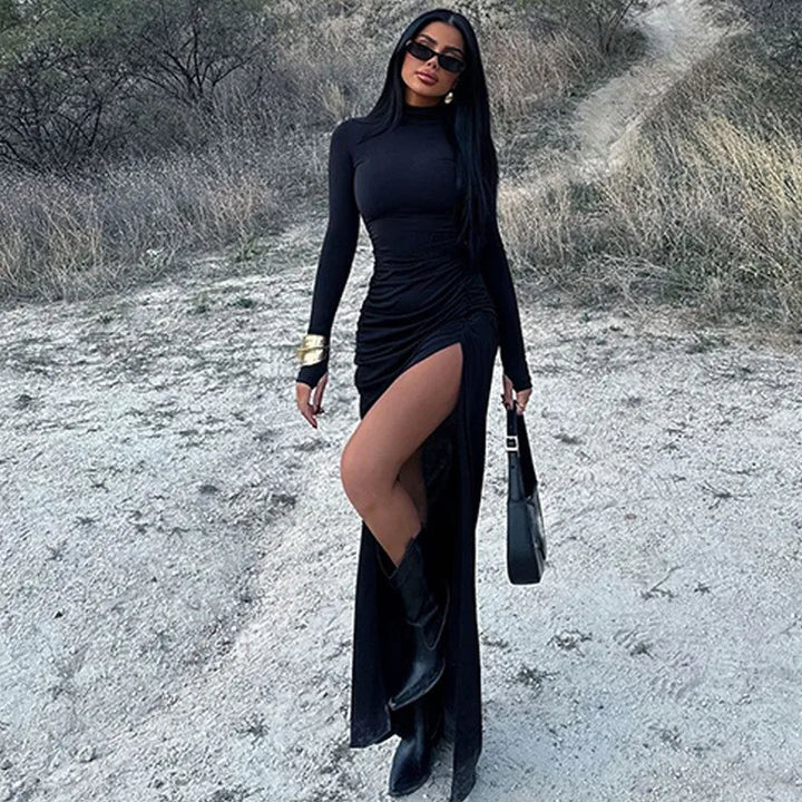Maxi Dress with Ruching, Turtleneck, and Deep Slit - Sasha