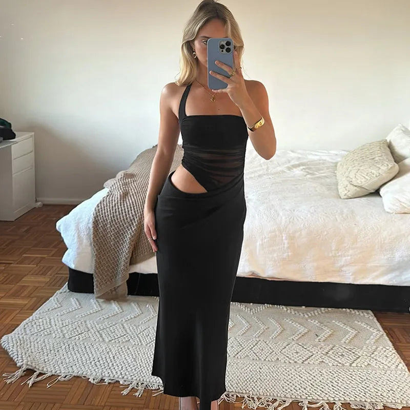 Satin Maxi Dress with Gathered Mesh Top and Open Back - Arya