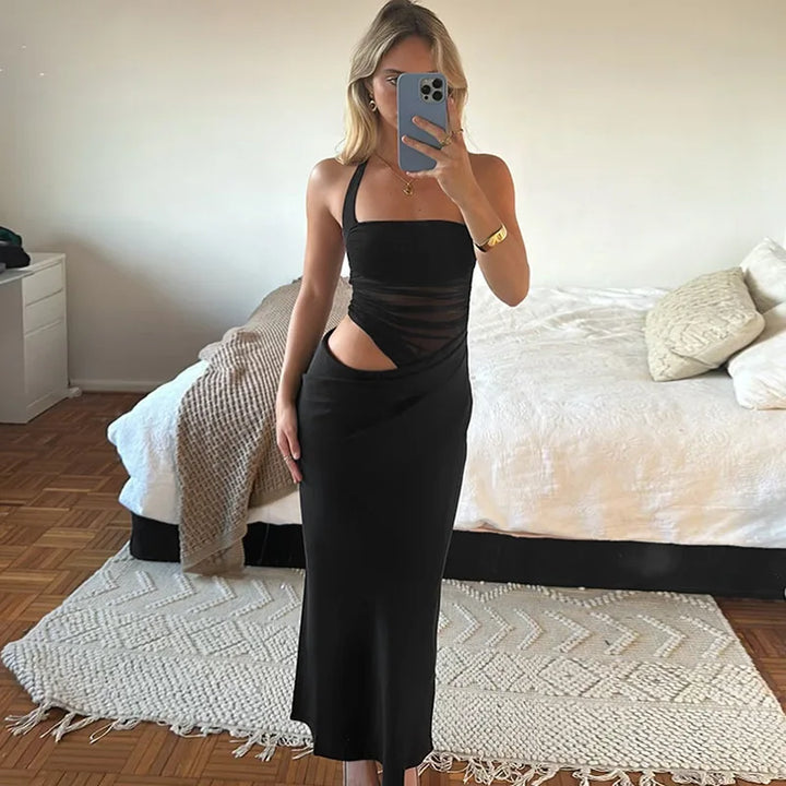 Satin Maxi Dress with Gathered Mesh Top and Open Back - Arya