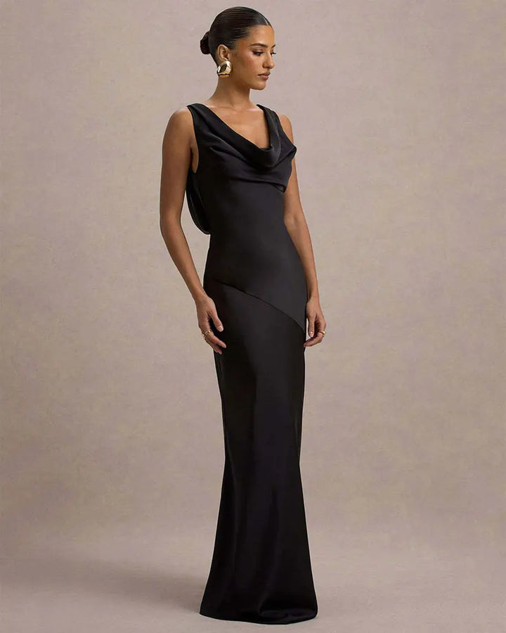 Maxi satin dress with draped collar and open back - Alexis
