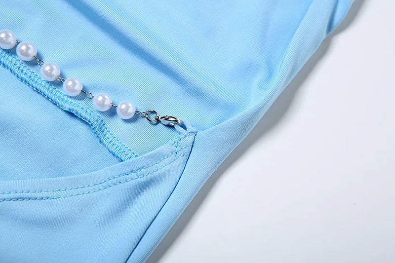 Maxi Dress with Draped Collar, Open Back, and Pearl Chain Detail - Camille