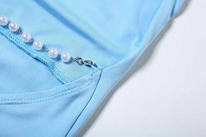 Maxi Dress with Draped Collar, Open Back, and Pearl Chain Detail - Camille