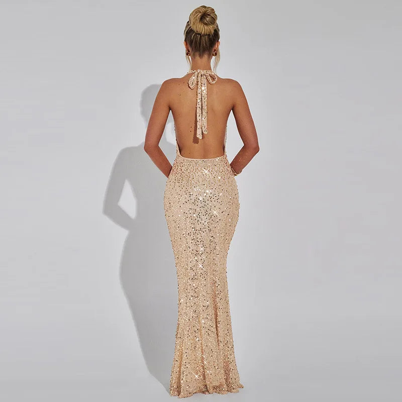 Sequin Maxi Dress with Open Back and Draped Collar - Arabella