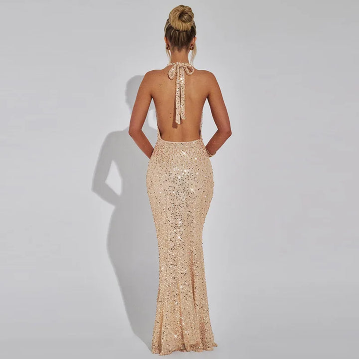 Sequin Maxi Dress with Open Back and Draped Collar - Arabella