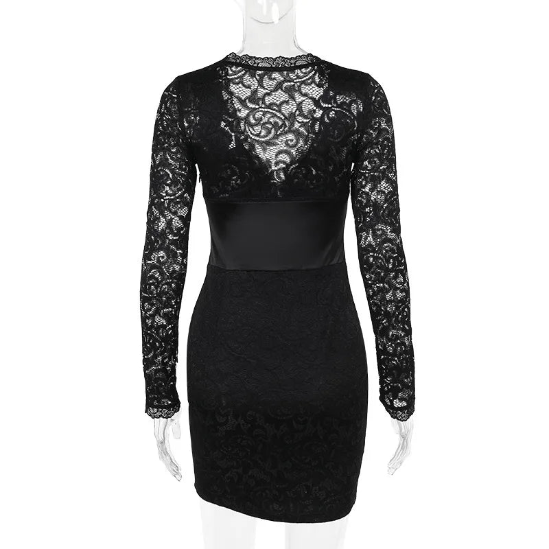 Fitted Lace Mini Dress with Satin Detail and Pin Closure - Olive
