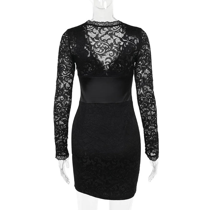 Fitted Lace Mini Dress with Satin Detail and Pin Closure - Olive