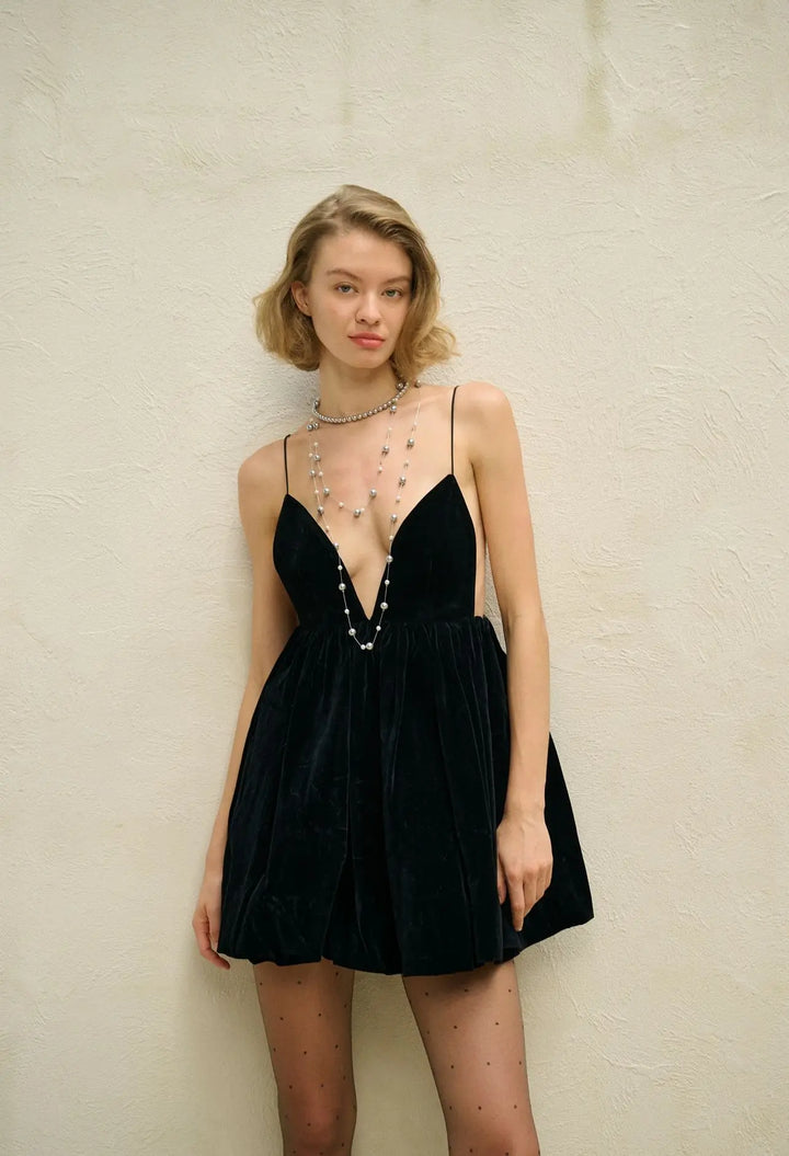 Velvet Mini Balloon Dress with Open Back - Myla
