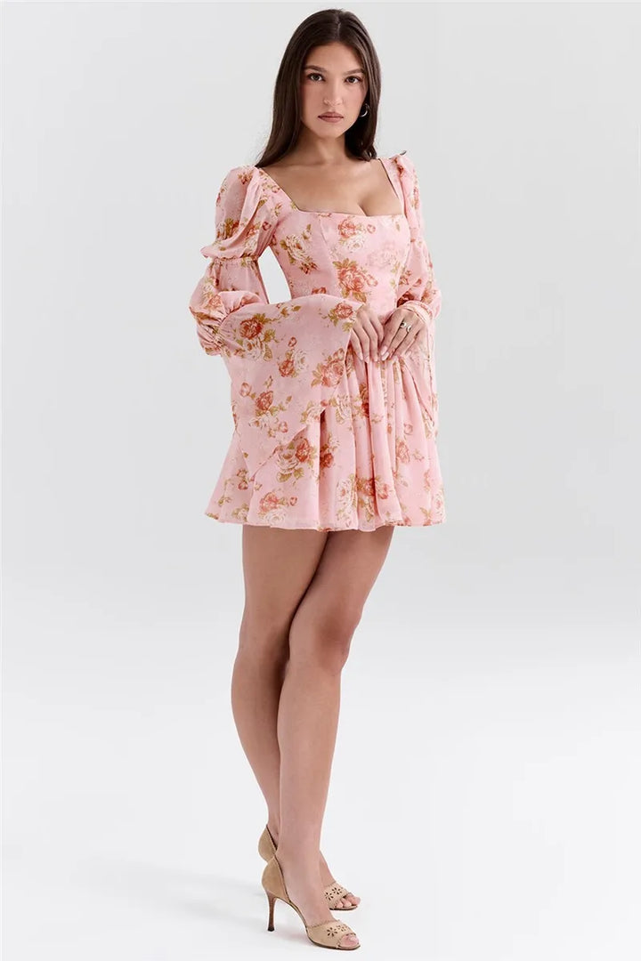 Floral Chiffon Mini Dress with A-Line Cut and Bell Sleeves - Florencia