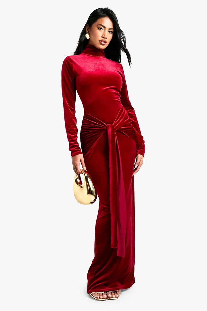Velvet maxi dress with turtleneck and tie design - Karina