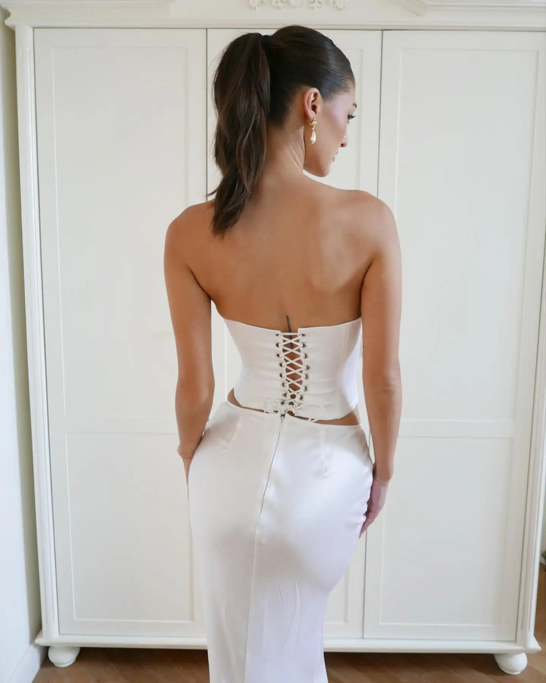 Two-Piece Satin Set with Strapless Top and Maxi Skirt - Siana