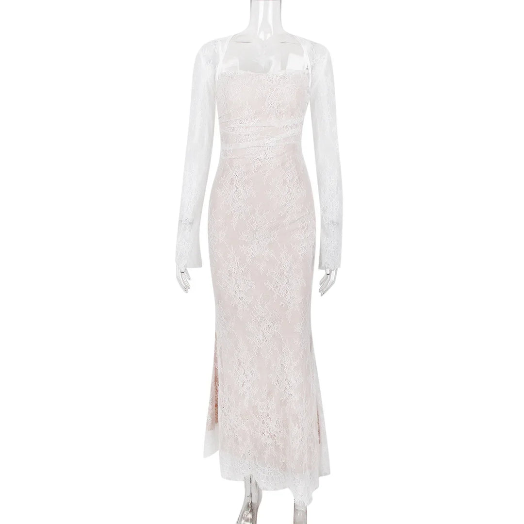 Elegant Maxi Lace Dress with Lace Sleeve Overlay - Ilia