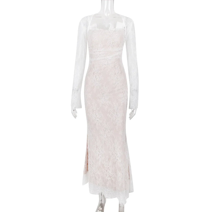 Elegant Maxi Lace Dress with Lace Sleeve Overlay - Ilia