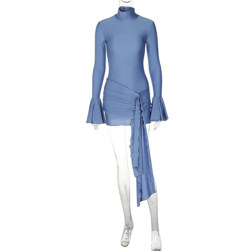 Turtleneck mini dress with bell sleeves and ruffle detail - Jenna