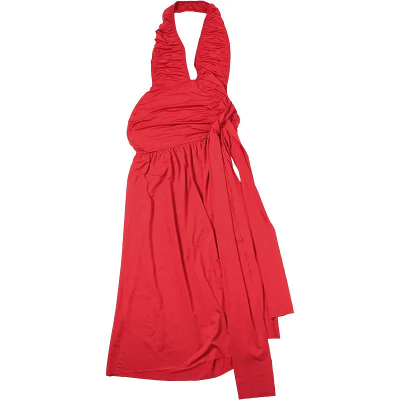 Ruched Maxi Dress with Tie Decoration, Open Back, and Deep V Neckline - Peleg