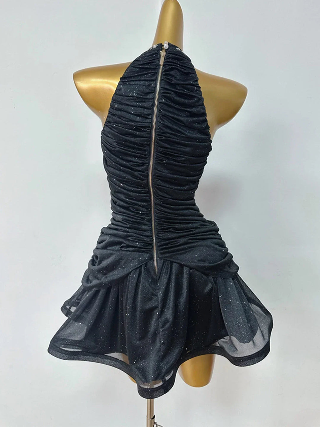 Chiffon Pleated Ruffled Mini Dress with Diamond and Sequin Decoration - Yava