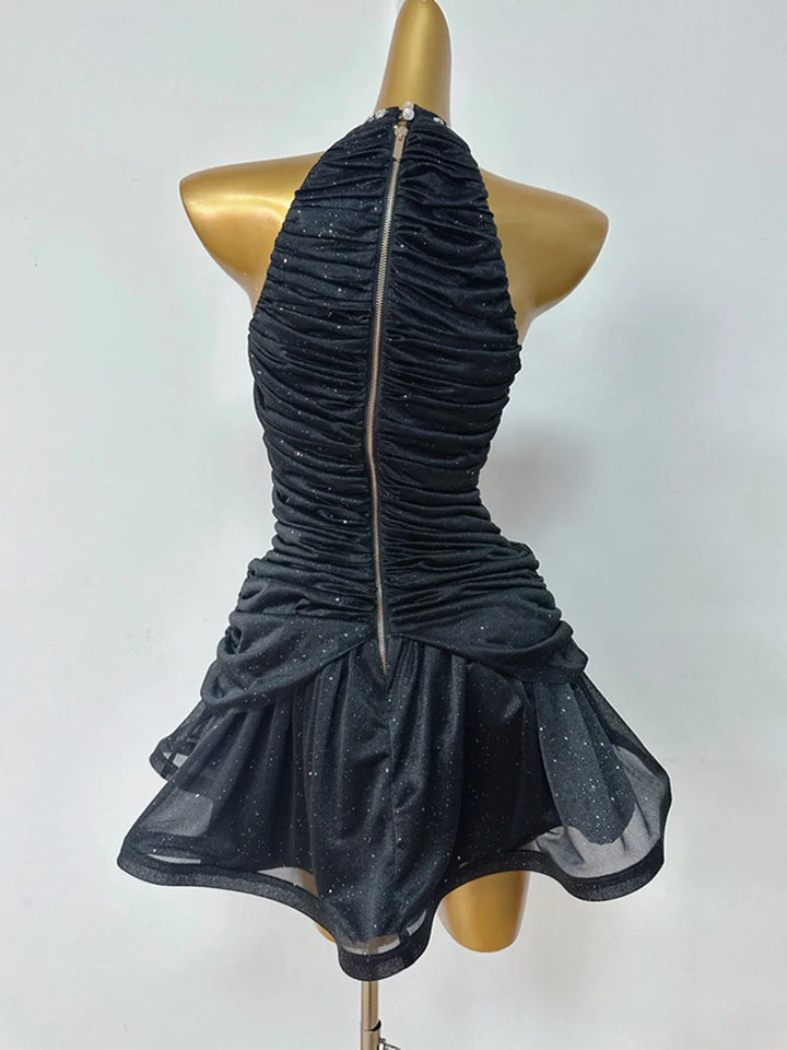 Chiffon Pleated Ruffled Mini Dress with Diamond and Sequin Decoration - Yava