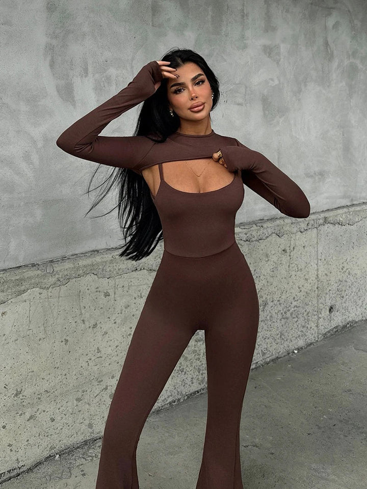 Pedal Pusher Jumpsuit with Shaping Fabric and Overlay Design - Vini