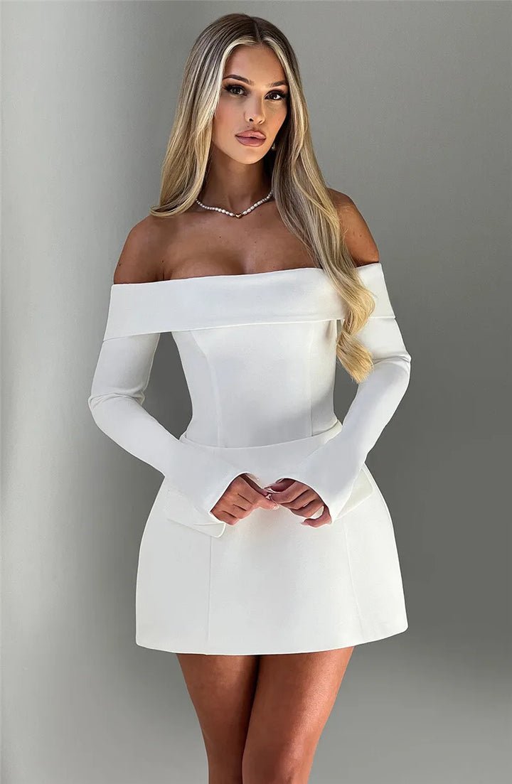 A-line off-shoulder mini dress with faux pocket design - Macy