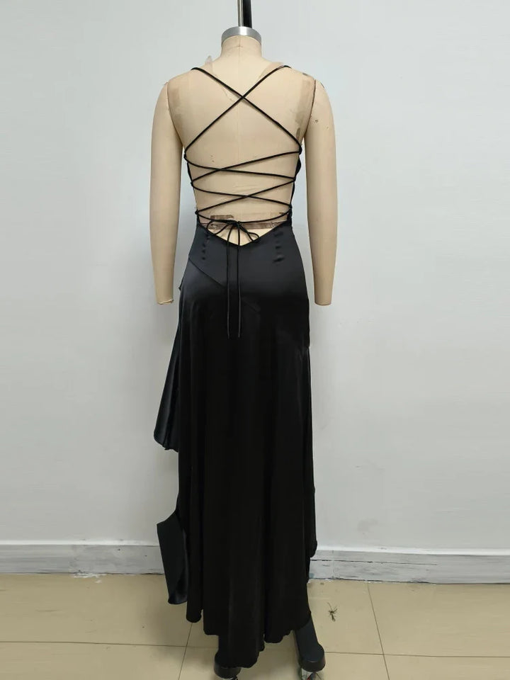 Satin ruffled maxi dress with back ties - Fabiola