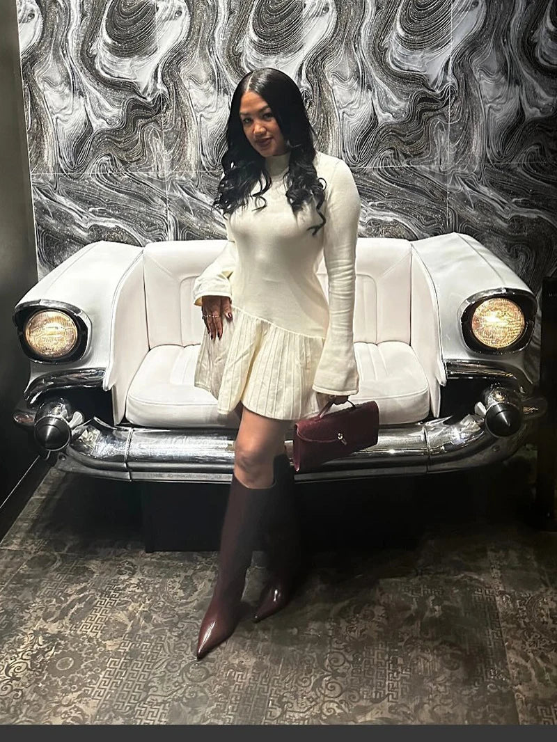 Knitted Ruffled Mini Dress with Asymmetric Turtleneck - Ohev