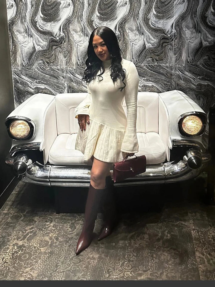 Knitted Ruffled Mini Dress with Asymmetric Turtleneck - Ohev