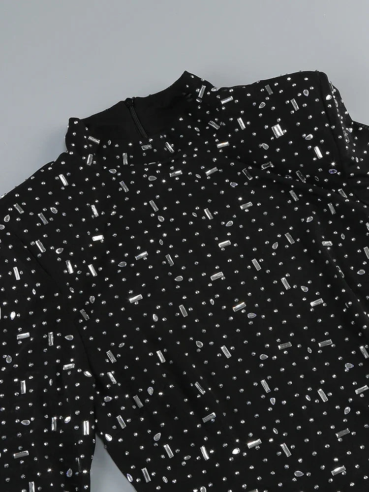 Luxurious Evening Maxi Dress with Sparkling Diamond Embellishment and Turtleneck Collar - Emerson