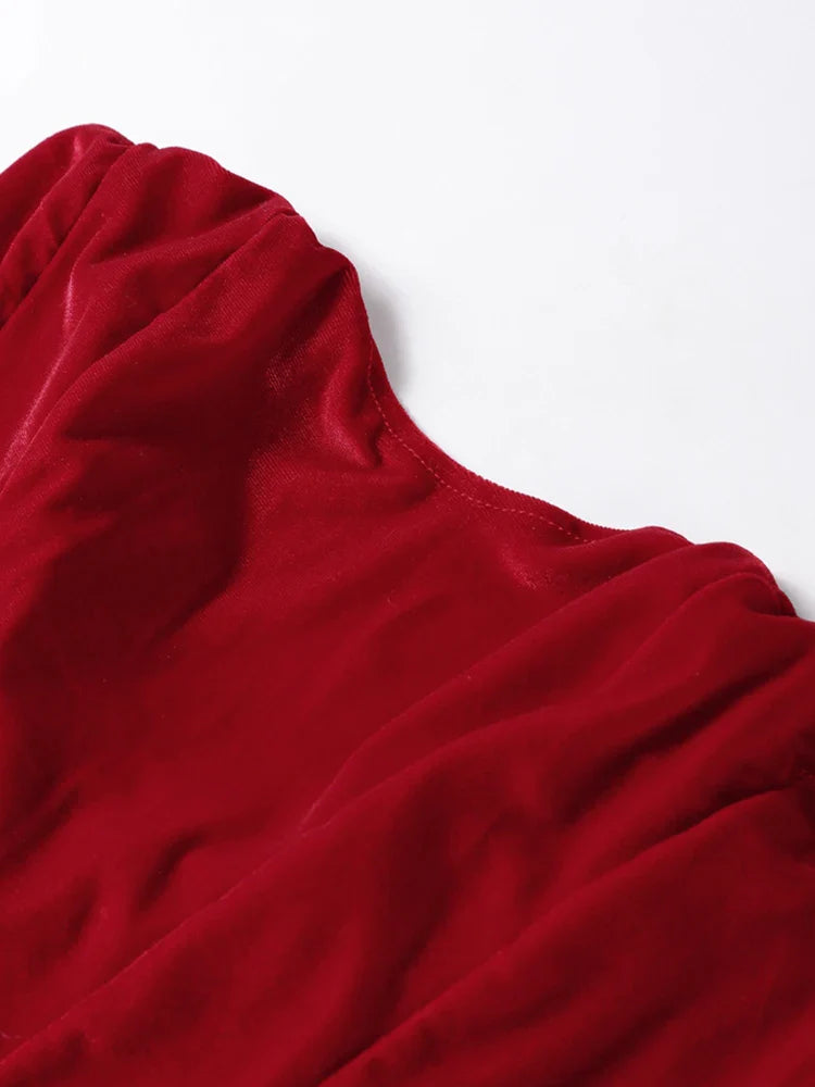 Velvet Strapless Maxi Dress with Corset Design, Back Tie, Waist Cinch, and Slit Detail - London