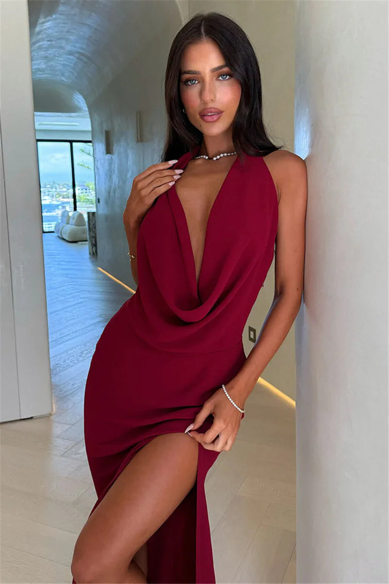 Maxi dress with draped V neckline, tie slit, and open back - Miren