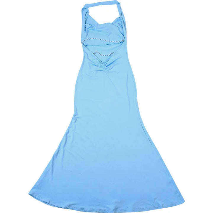 Maxi Dress with Draped Collar, Open Back, and Pearl Chain Detail - Camille