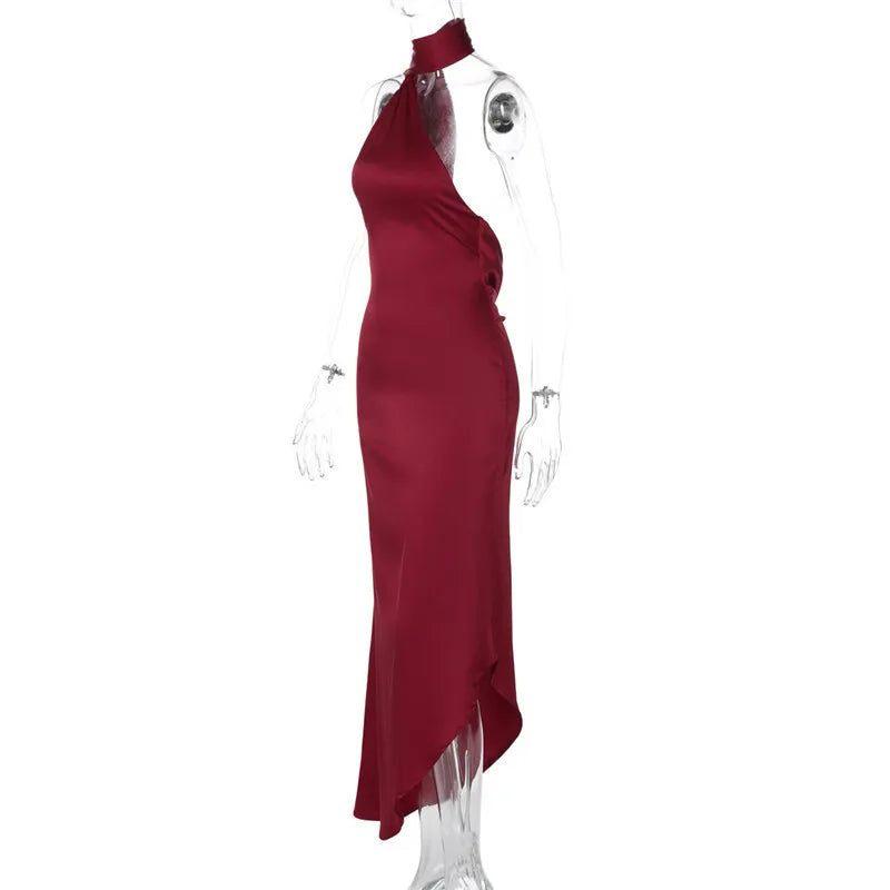 Asymmetric satin maxi dress with neck wrap design - Angela