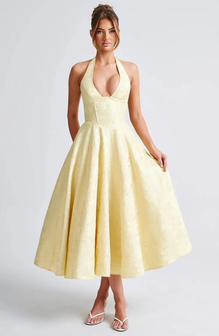 Midi A-Line Dress with Neck Tie, Open Back, Floral Embroidery Detail - Flora