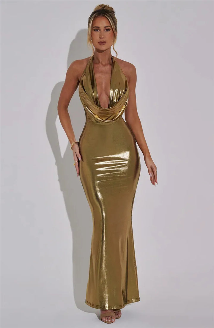 Gold Maxi Dress with Draped Neckline - Golden