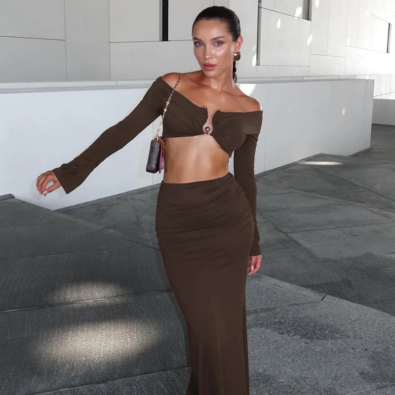 Two-Piece Set: Off-Shoulder Top with Buckle Detail and High-Waisted Maxi Skirt - Mariela
