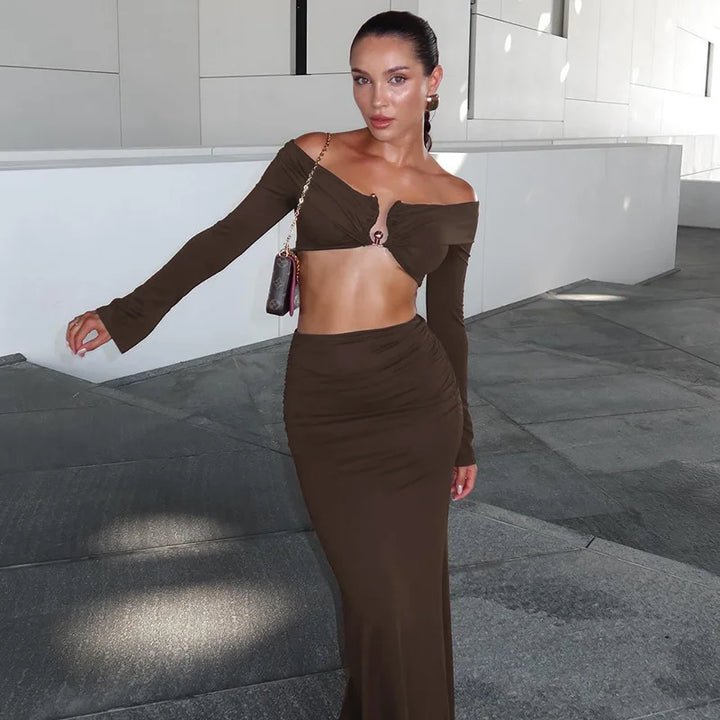 Two-Piece Set: Off-Shoulder Top with Buckle Detail and High-Waisted Maxi Skirt - Mariela