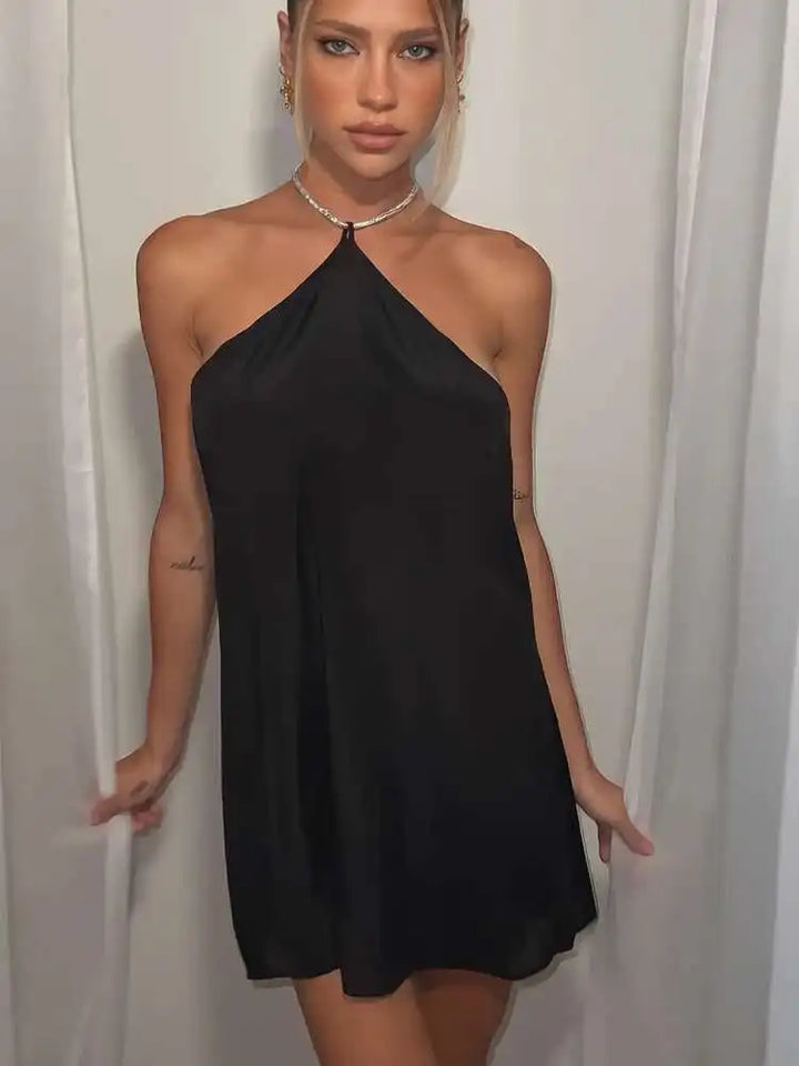 Satin mini dress with sparkling sequin threads tied at neck - Colin