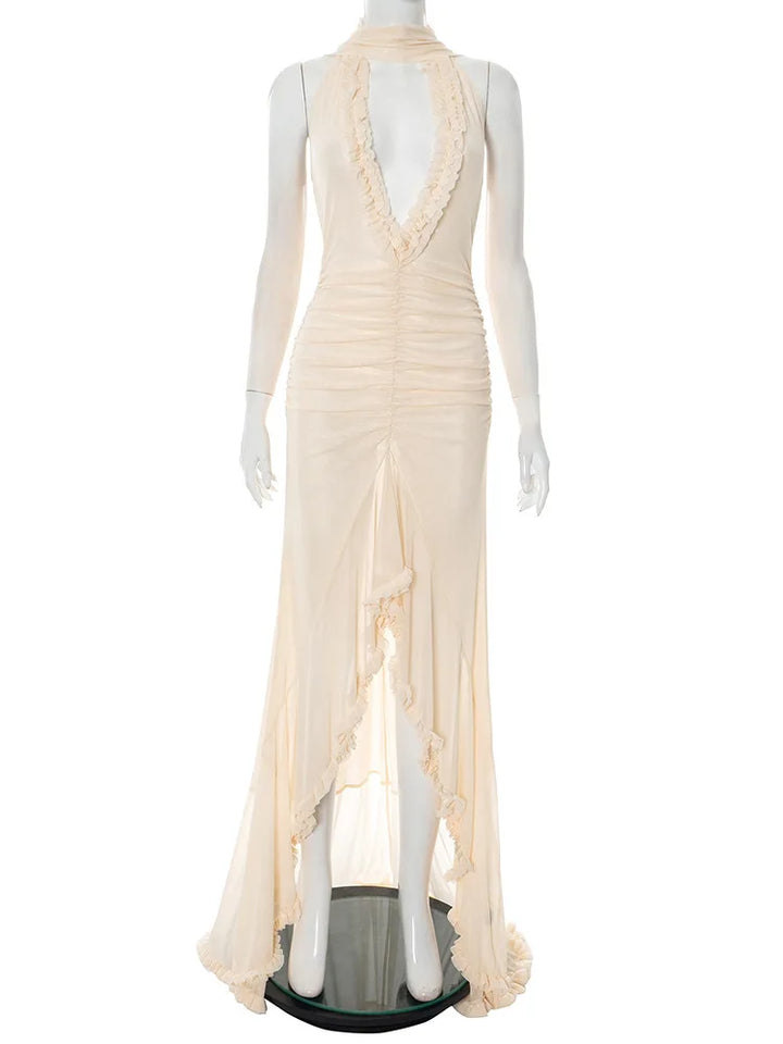 Maxi chiffon dress with ruffles and asymmetric design with matching scarf detail - Milka