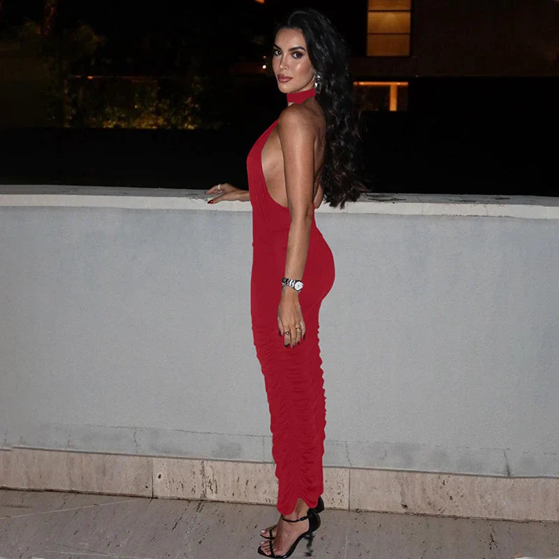 Maxi Dress with Collar, Ruching, Fitted V-Neck, Open Back - Jimena