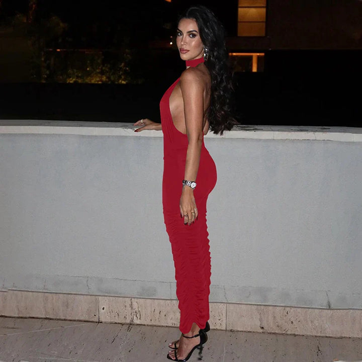 Maxi Dress with Collar, Ruching, Fitted V-Neck, Open Back - Jimena