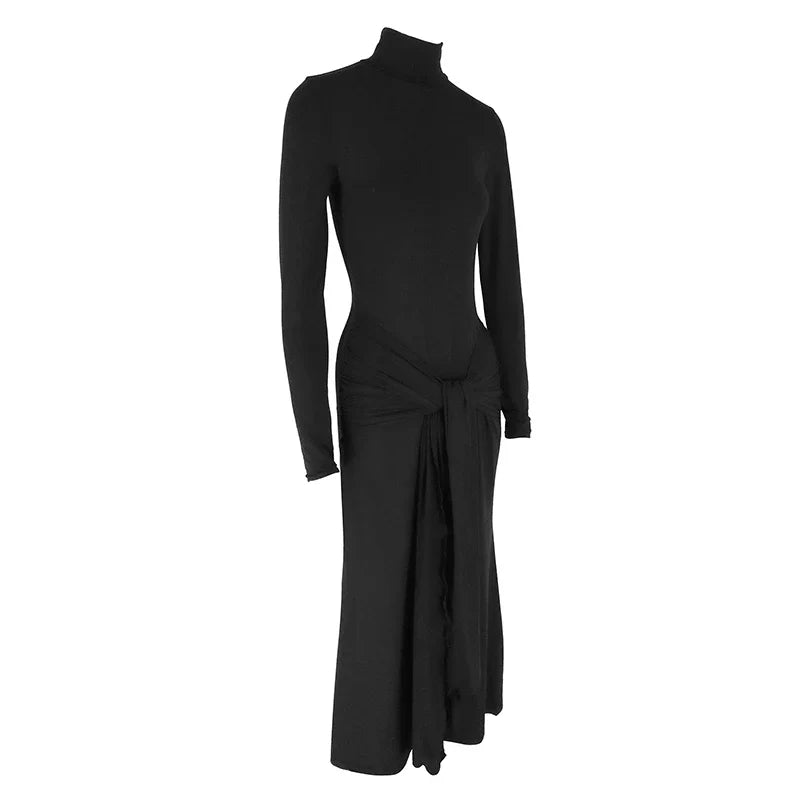 Maxi Dress with Turtleneck Collar, Gathered Design, and Tie - Margarita