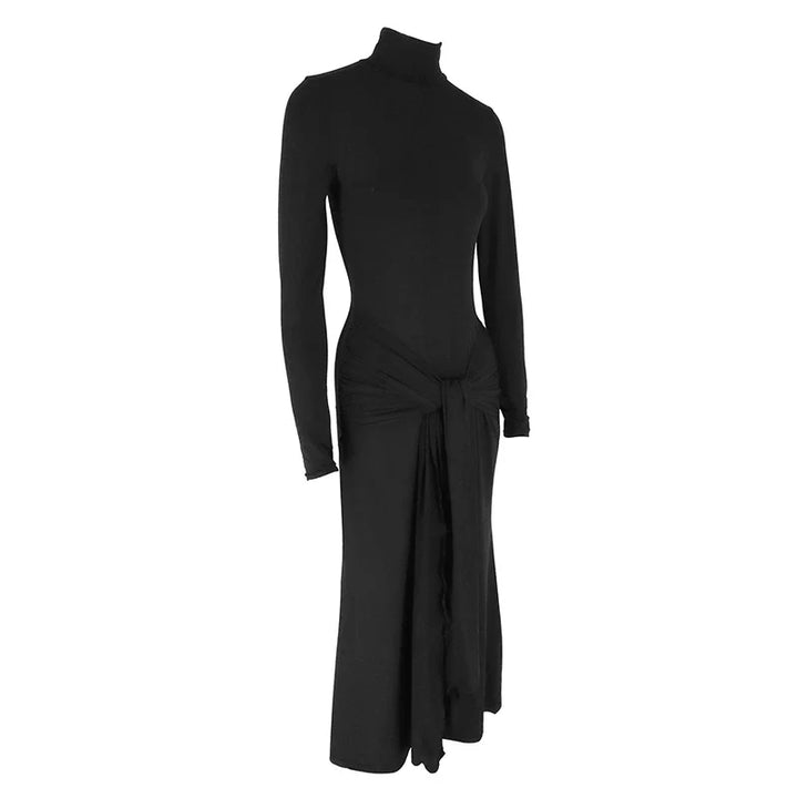 Maxi Dress with Turtleneck Collar, Gathered Design, and Tie - Margarita