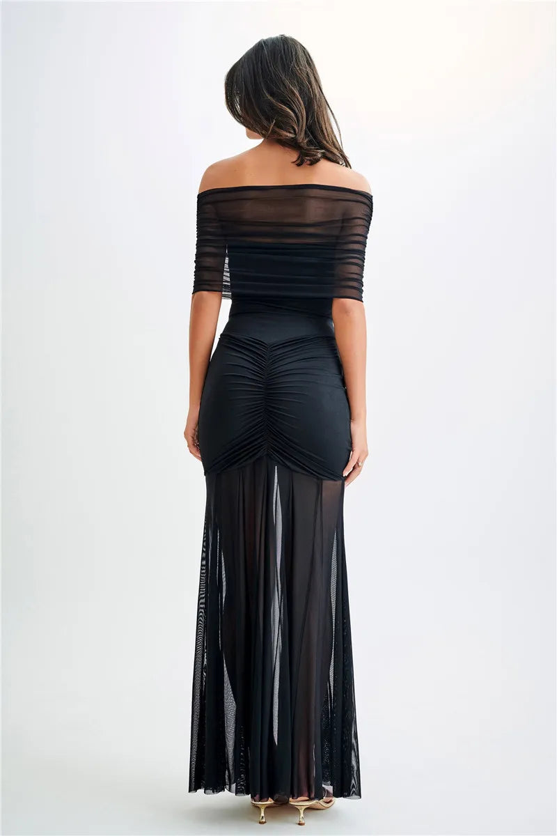 Chiffon Maxi Dress with Gathered Off-the-Shoulder Design - Delilah