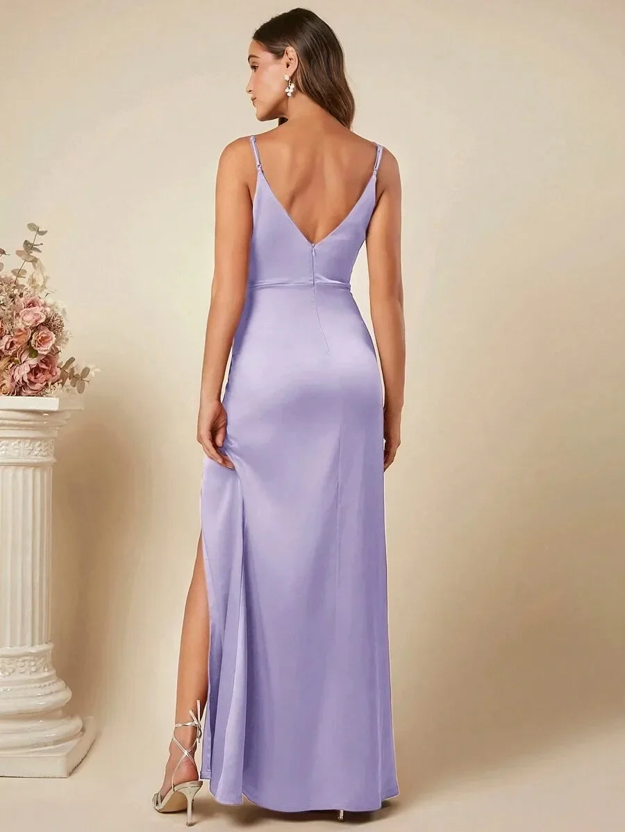 Elegant Maxi Satin Dress with Slit Detail - Reina